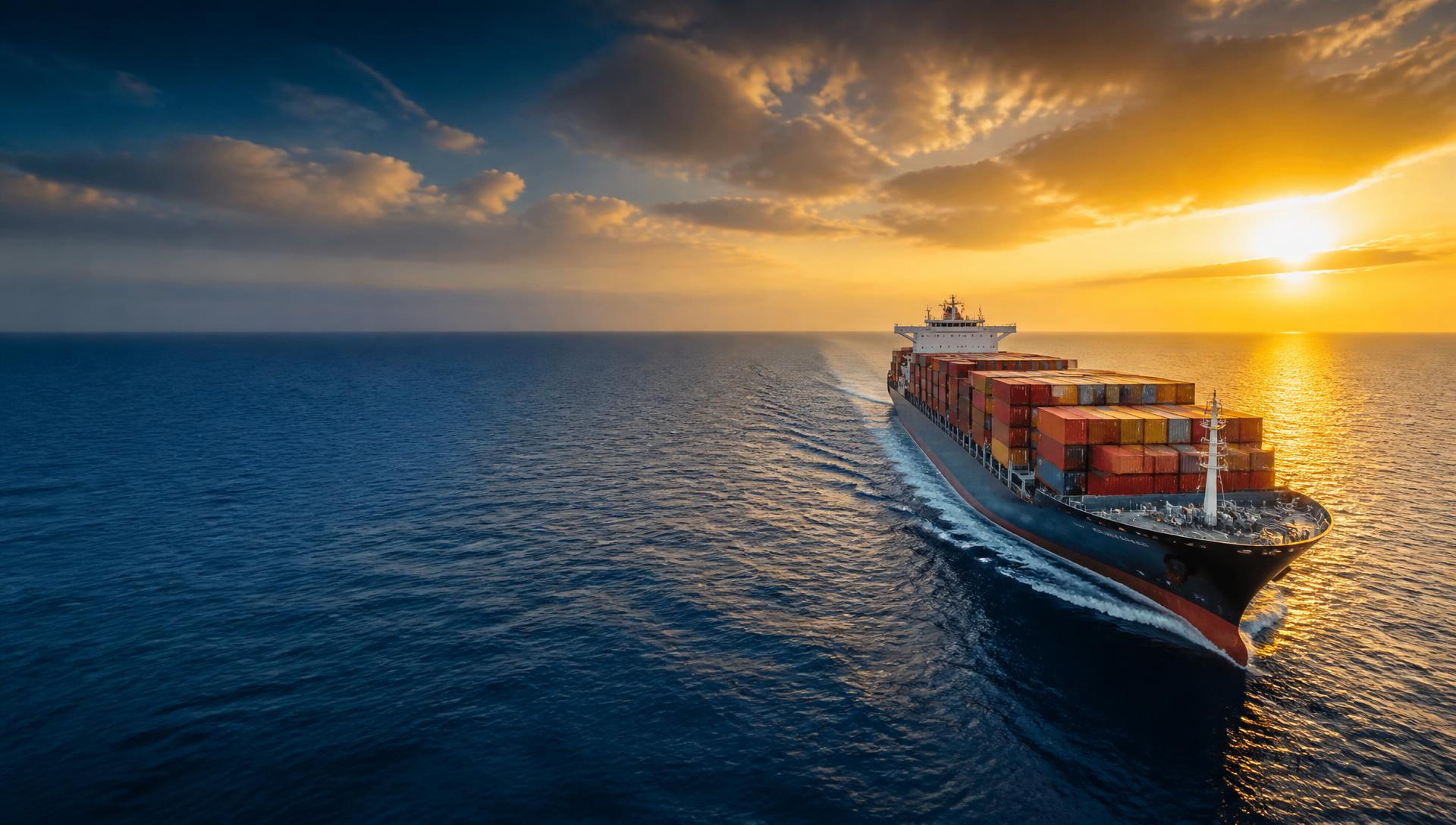 Container ship crossing the ocean at dawn
